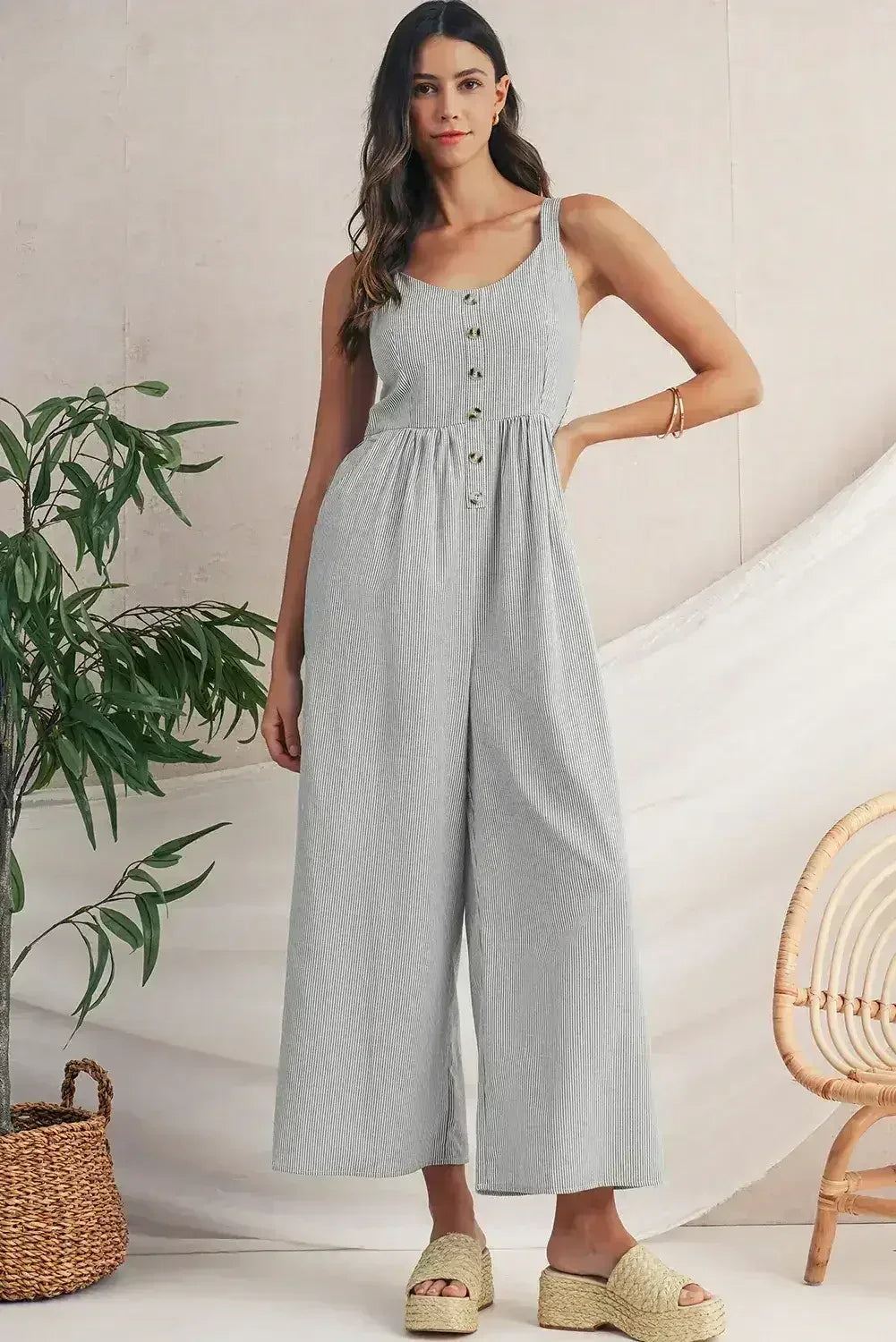 Black Stripe Half Buttoned Sleeveless Wide Leg Jumpsuit - Femstylo