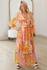 Orange Floral Patchwork Print Cut out Tied Back Bracelet Sleeve Maxi Dress