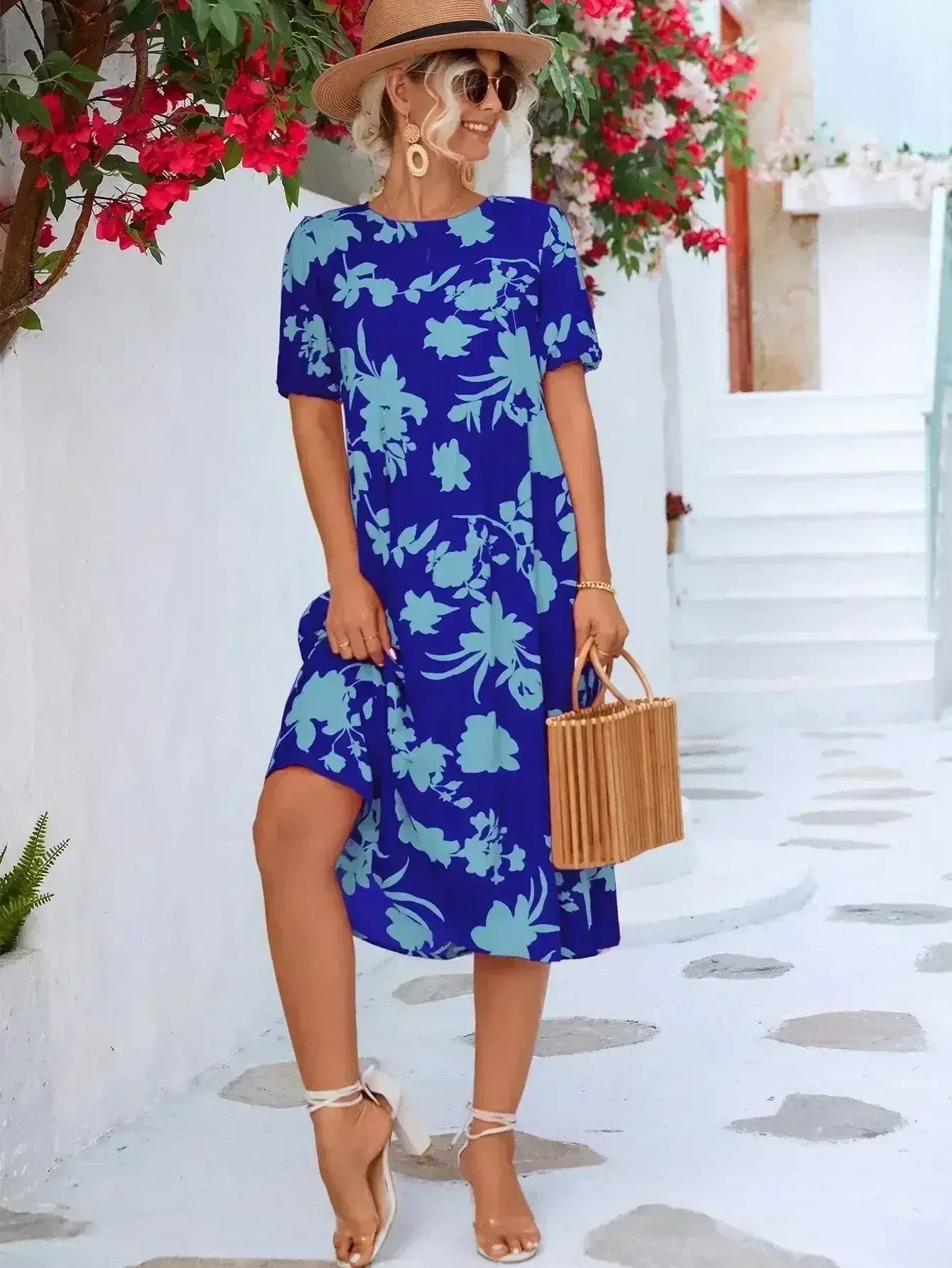 Floral Puff Sleeve Ruffle Hem Midi Dress - Femstylo