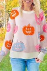 Beige Halloween Cute Pumpkin Pattern Sweater