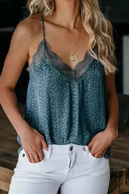 Spaghetti Strap Printed Lace Tank Top - Femstylo