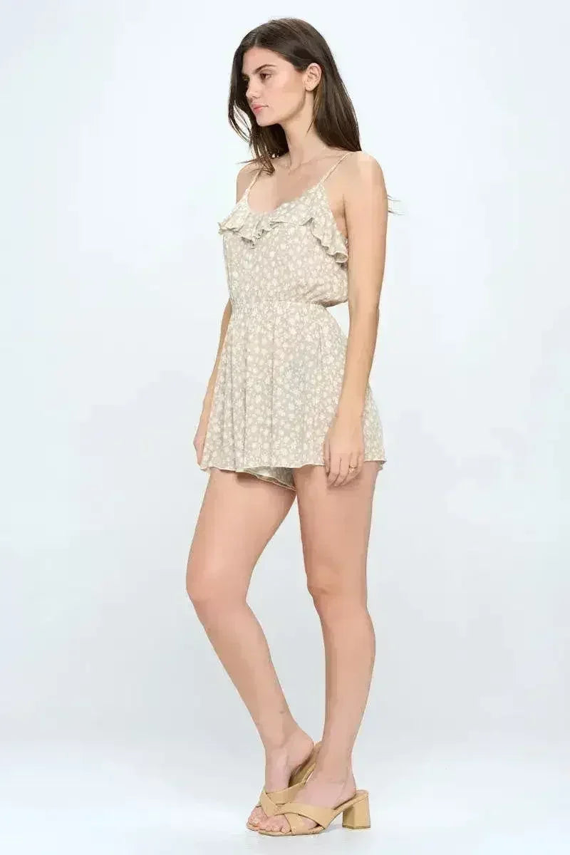Floral Print Ruffled Spaghetti Strap Romper - Femstylo