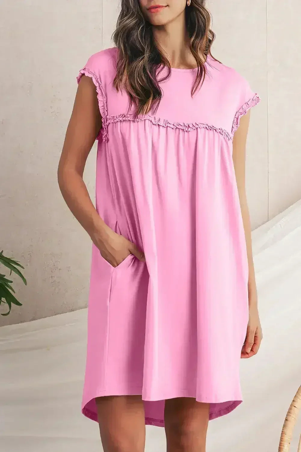 Oatmeal Frilled Trim Crewneck Loose Fit Mini Dress - Femstylo