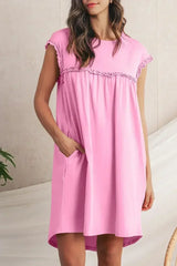 Oatmeal Frilled Trim Crewneck Loose Fit Mini Dress - Femstylo