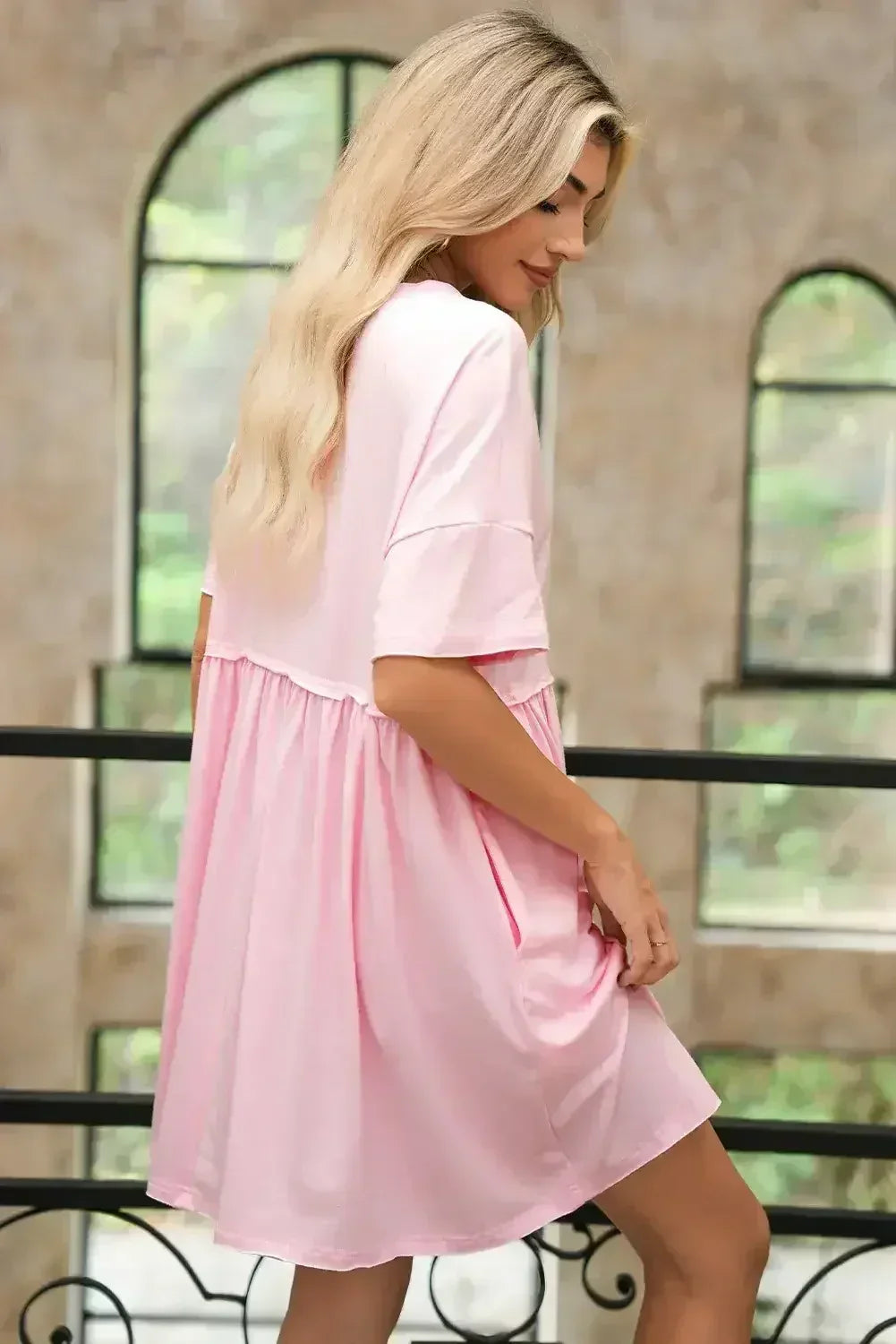 Sky Blue Solid Color Pocket Raw Edge Babydoll Dress - Femstylo