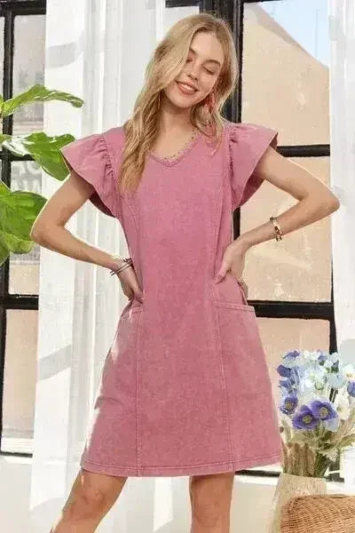 ADORA Mineral Washed V-Neck Ruffled Cap Sleeve Dress - Femstylo