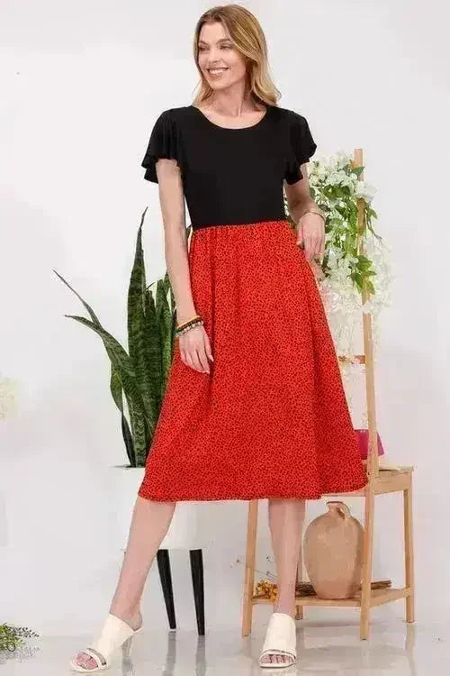 Celeste Full Size Two Tone Animal Print Flutter Sleeve Midi Dress Plus - Femstylo