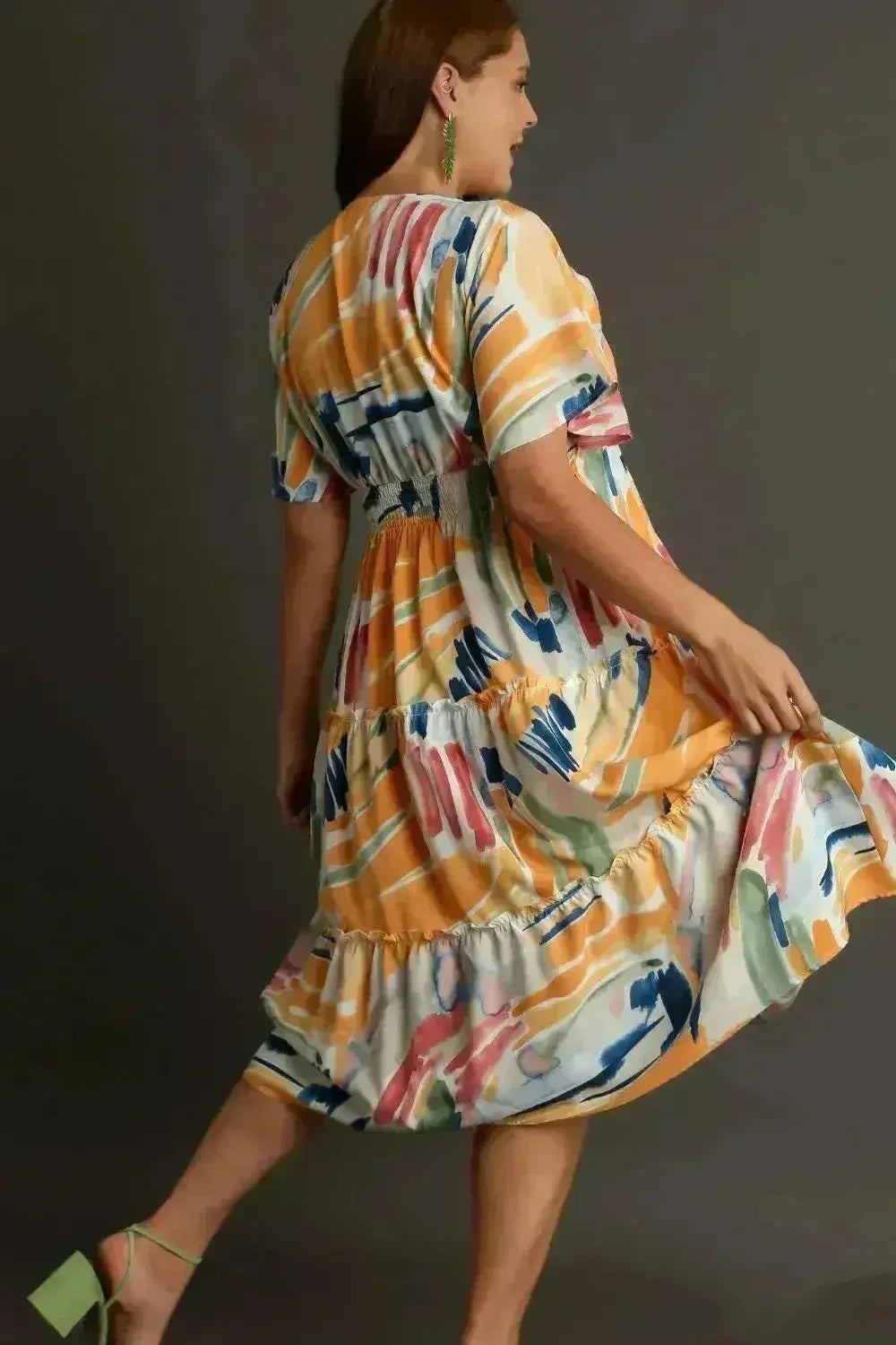Umgee Abstract Print Midi Dress – Flutter Sleeves & Tiered Frill Detail - Femstylo