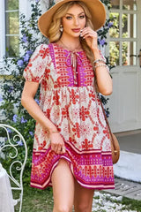 Rose Boho Floral Short Sleeve Tie V Neck Mini Dress - Femstylo