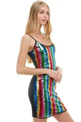 Multicolor Sequin Striped Mini Dress with Spaghetti Straps - Femstylo