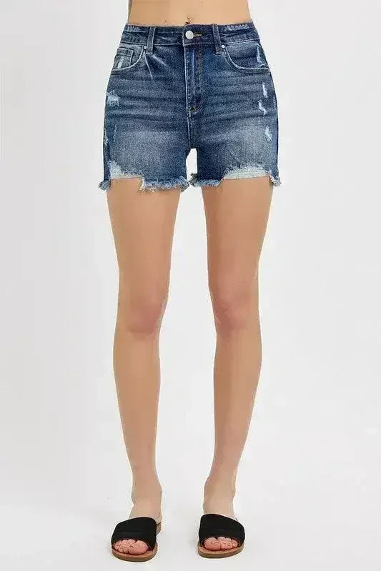 RISEN Distressed Raw Hem Denim Shorts - Femstylo
