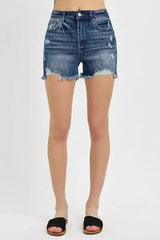 RISEN Distressed Raw Hem Denim Shorts - Femstylo