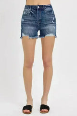 Distressed Denim Shorts - Raw Hem Stretch Cotton Shorts - Femstylo