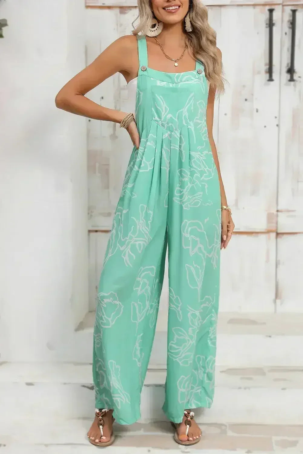 Moonlight Jade Abstract Print Wide Leg Bib Overall - Femstylo