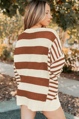 Brown Stripe Drop Shoulder Sleeve Patchwork Baggy Sweater