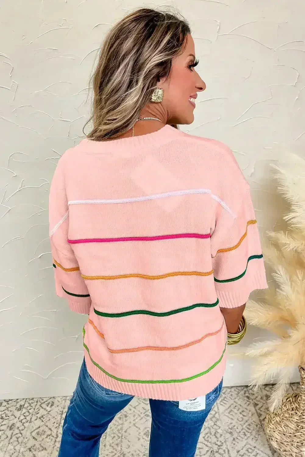 White Striped Half Sleeve Drop Shoulder Sweater - Femstylo