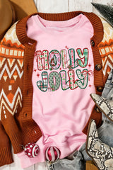 Pink HOLLY JOLLY Graphic Heat Transfer Printing Christmas Sweatshirt