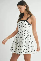 Polka Dot Mini Dress – Ricrac Trim Strap & Smocked Back - Femstylo