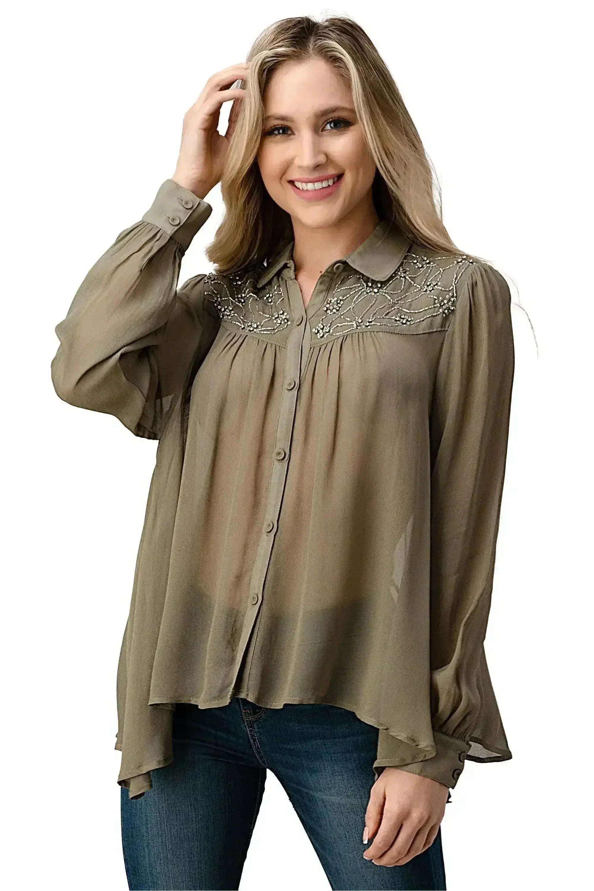 Embroidered Sheer Button-Up Blouse – Casual Elegance - Femstylo