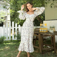 Women's Square Neck Long Sleeved Printed Dress - Femstylo