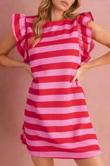 Black Stripe Flutter Sleeve Round Neck Shift Mini Dress - Femstylo