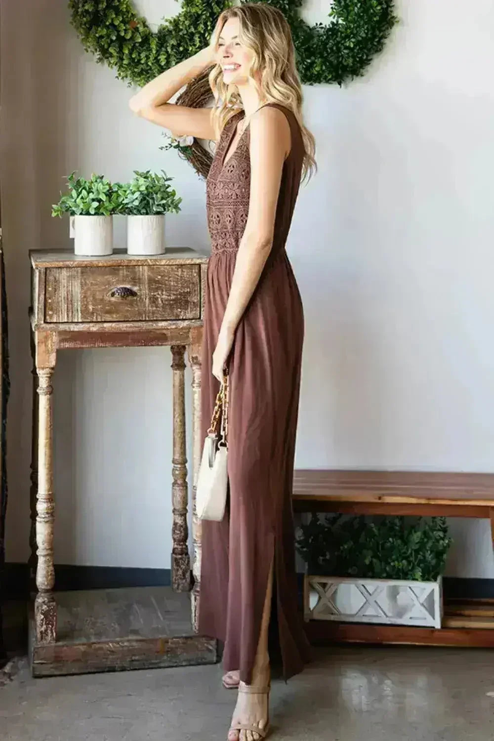 First Love Tie Back Sleeveless Slit Wide Leg Jumpsuit - Femstylo