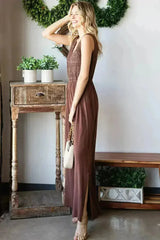 First Love Tie Back Sleeveless Slit Wide Leg Jumpsuit - Femstylo