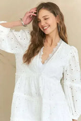 ADORA Lace Detail Tiered Eyelet V-Neck Babydoll Dress - Femstylo