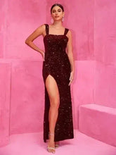 Slit Sequin Square Neck Wide Strap Dress - Femstylo