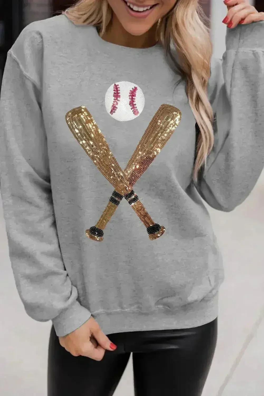 Gray Sequin Baseball Graphic Crewneck Game Day Sweatshirt - Femstylo