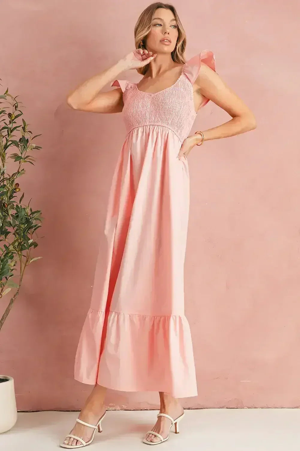 Black V Neck Flutter Sleeve Smocked Bodice High Waist Ruffle Maxi Dress - Femstylo