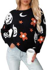 Black Halloween Mythical Night Pattern Drop Shoulder Sweater