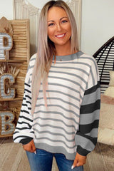 Gray Striped Colorblock Pullover Sweater