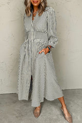 Black Striped V Neck Zip Front Cinched High Waist Midi Dress