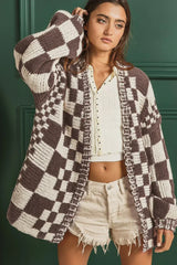 Taupe Colorblock Checked Open Front Knitted Cardigan