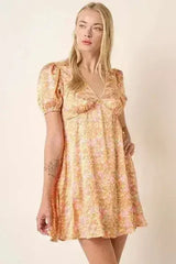 Mittoshop Printed V-Neck Puff Sleeve Mini Dress - Femstylo