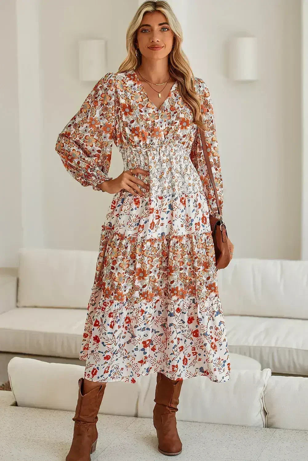 Khaki Floral Print Ruffled Tiered Long Sleeve V Neck Midi Dress - Femstylo