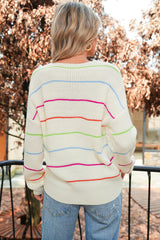 White Striped V Neck Drop Sleeve Sweater for Women - Femstylo