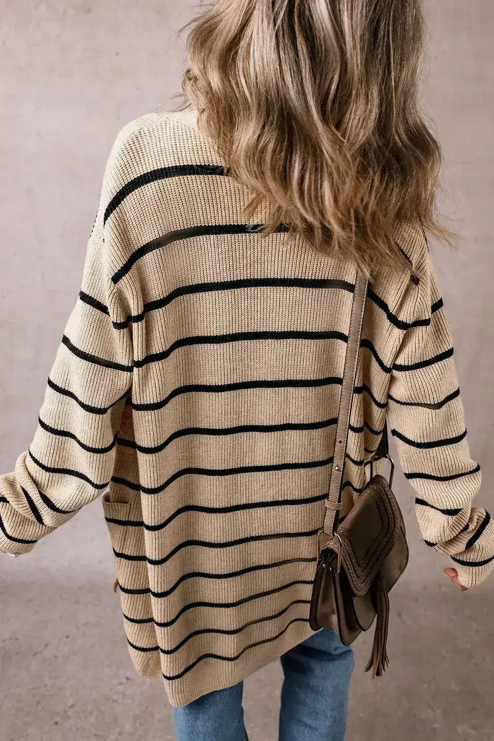 Black Stripe Shawl Neckline Open Cardigan with Pockets - Femstylo