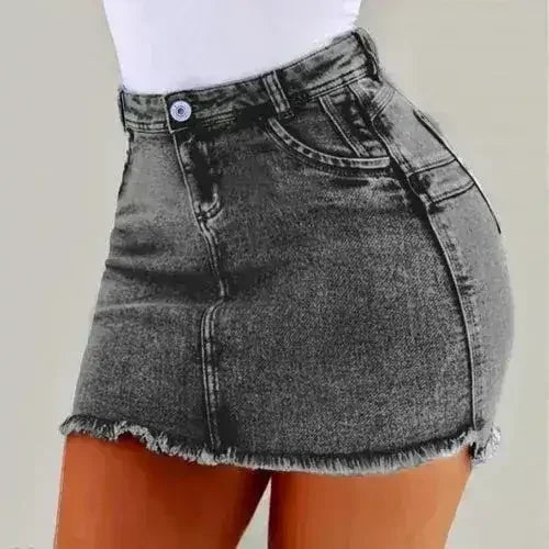 Women's High Stretch A-Line Mini Skirt in Washed Denim - Femstylo