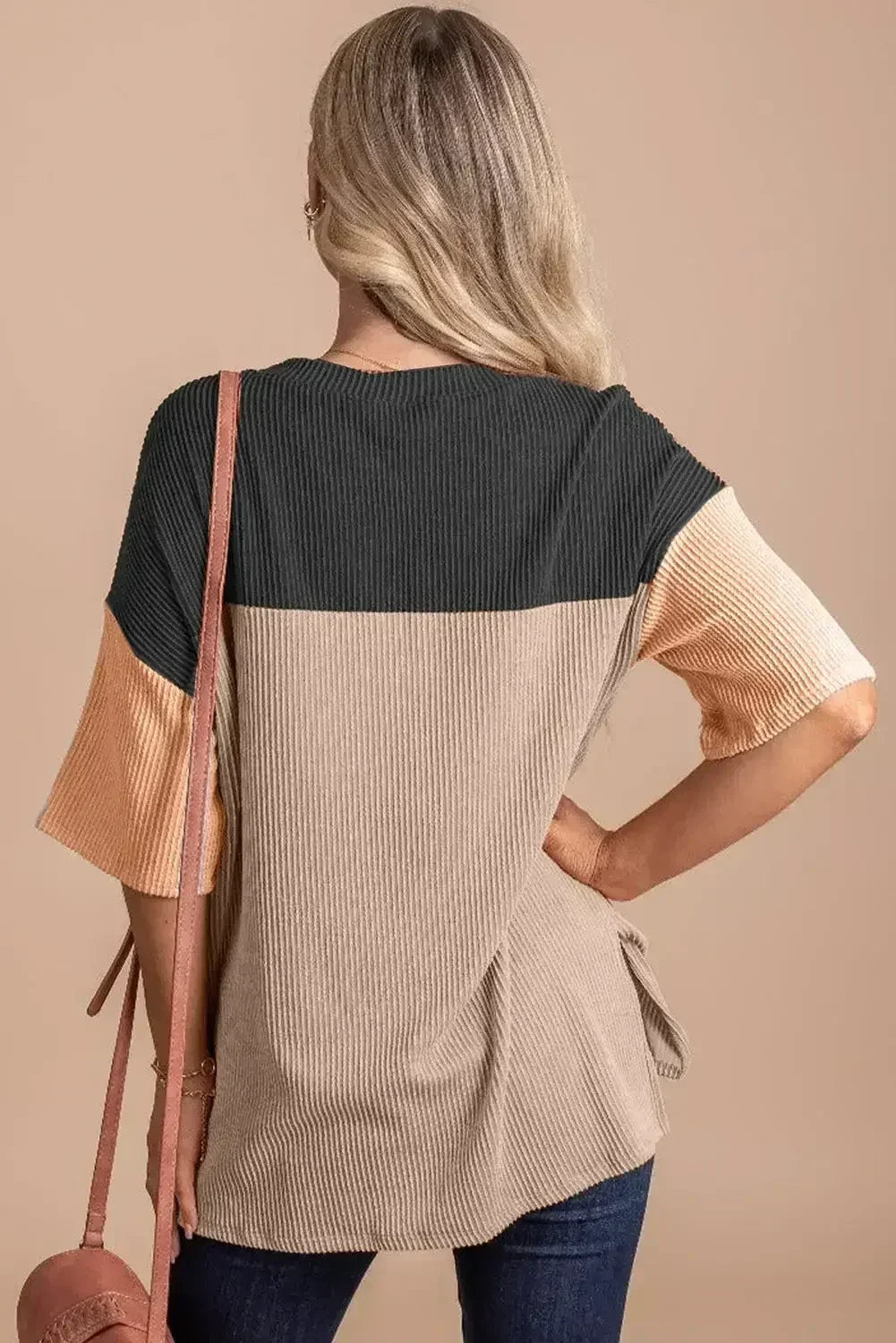 Black Color Block Ribbed Side Slits Half Sleeve Top - Femstylo