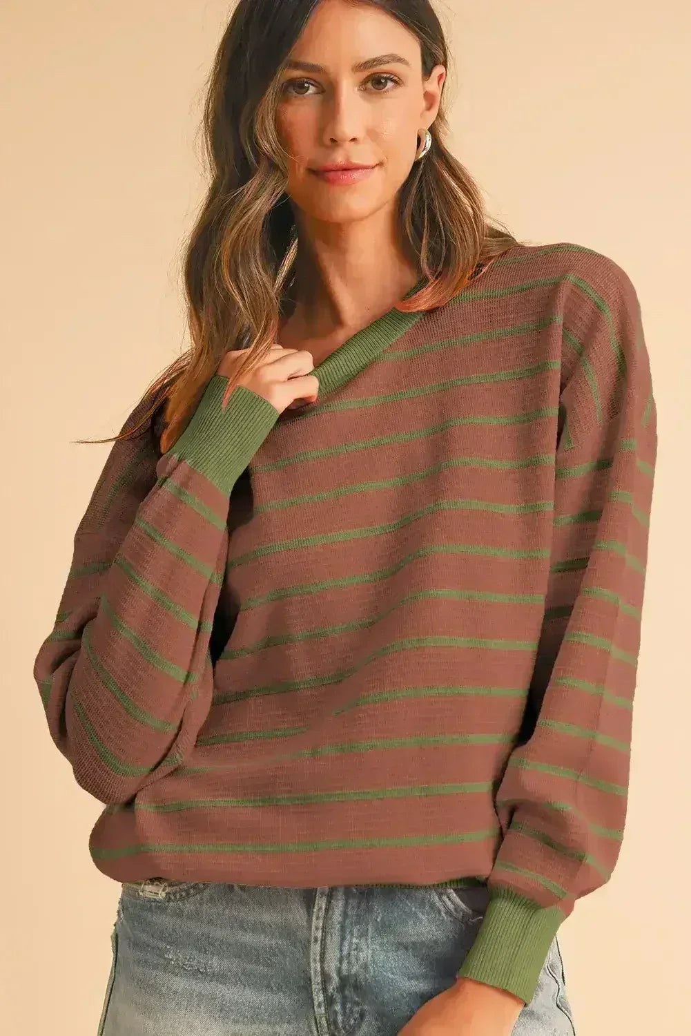 Pink Stripe Round Neck Drop Shoulder Loose Sweater - Femstylo