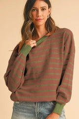 Pink Stripe Round Neck Drop Shoulder Loose Sweater - Femstylo