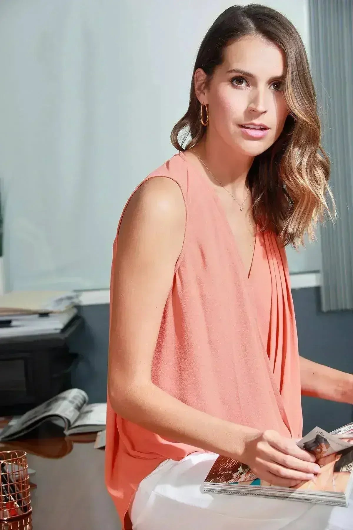 Women's V-Neck Sleeveless Wrap Blouse In Bittersweet | Femstylo - Femstylo