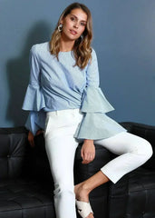 Women's Ruffle Bell Sleeve Shirt Blouse In Blue | Femstylo - Femstylo