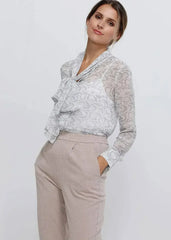 Tie Neck Sheer Blouse In Ivory Silver | FEMSTYLO - Femstylo