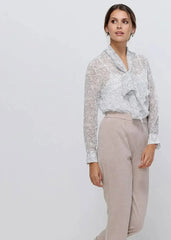Tie Neck Sheer Blouse In Ivory Silver | FEMSTYLO - Femstylo