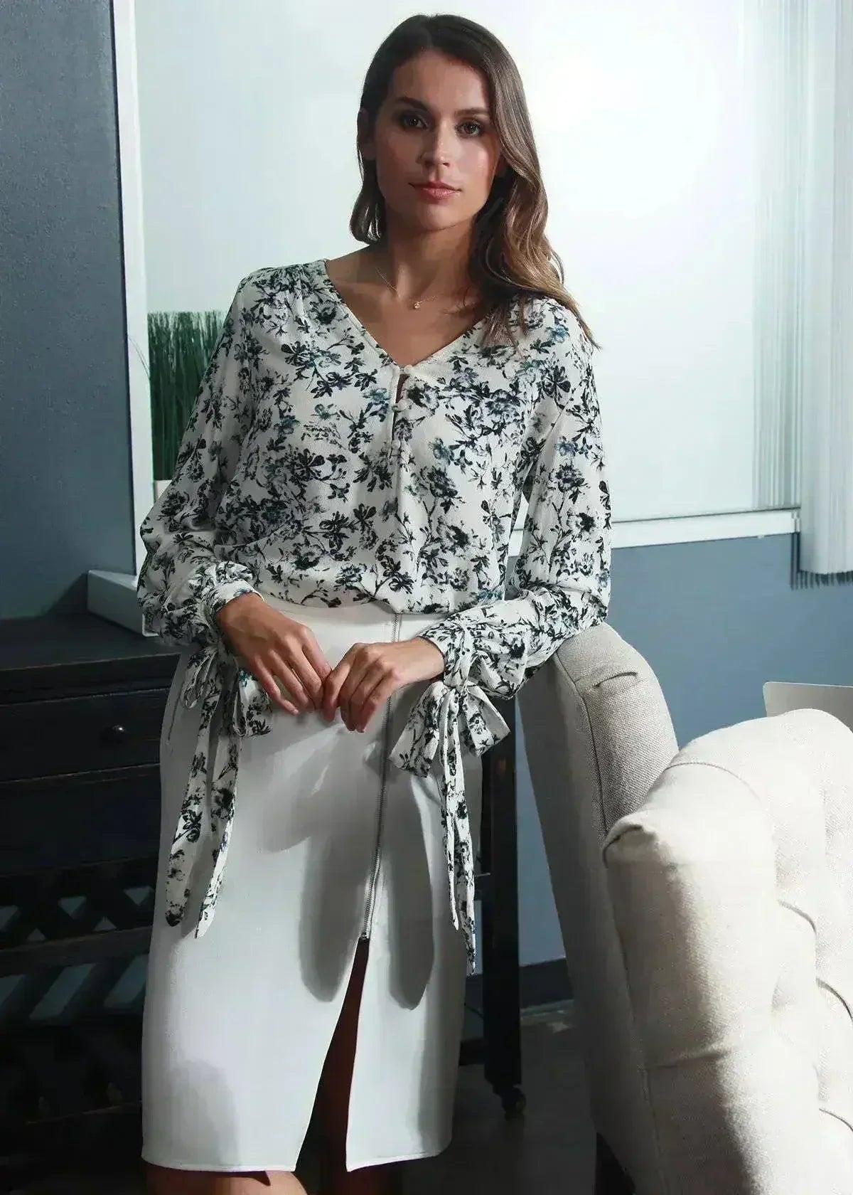 Ivory Floral V-neck Tie Cuff In Garden Blouse | Femstylo - Femstylo