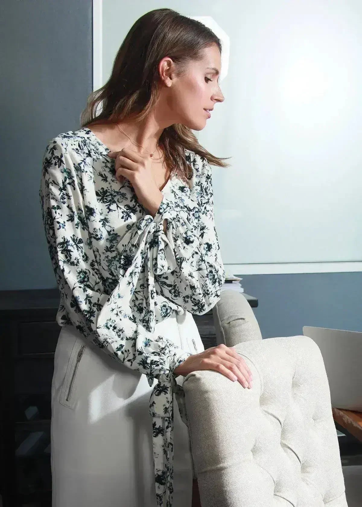 Ivory Floral V-neck Tie Cuff In Garden Blouse | Femstylo - Femstylo