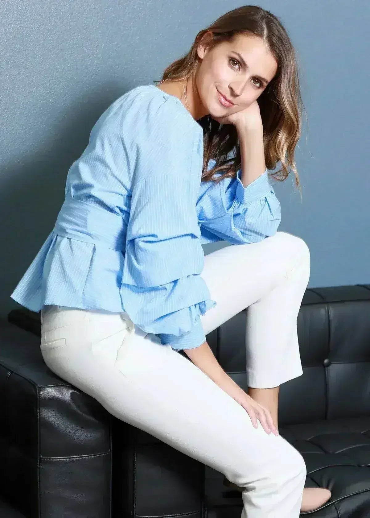 Gathered 3/4 sleeve Wrap Blouse In Blue For Women | Femstylo - Femstylo
